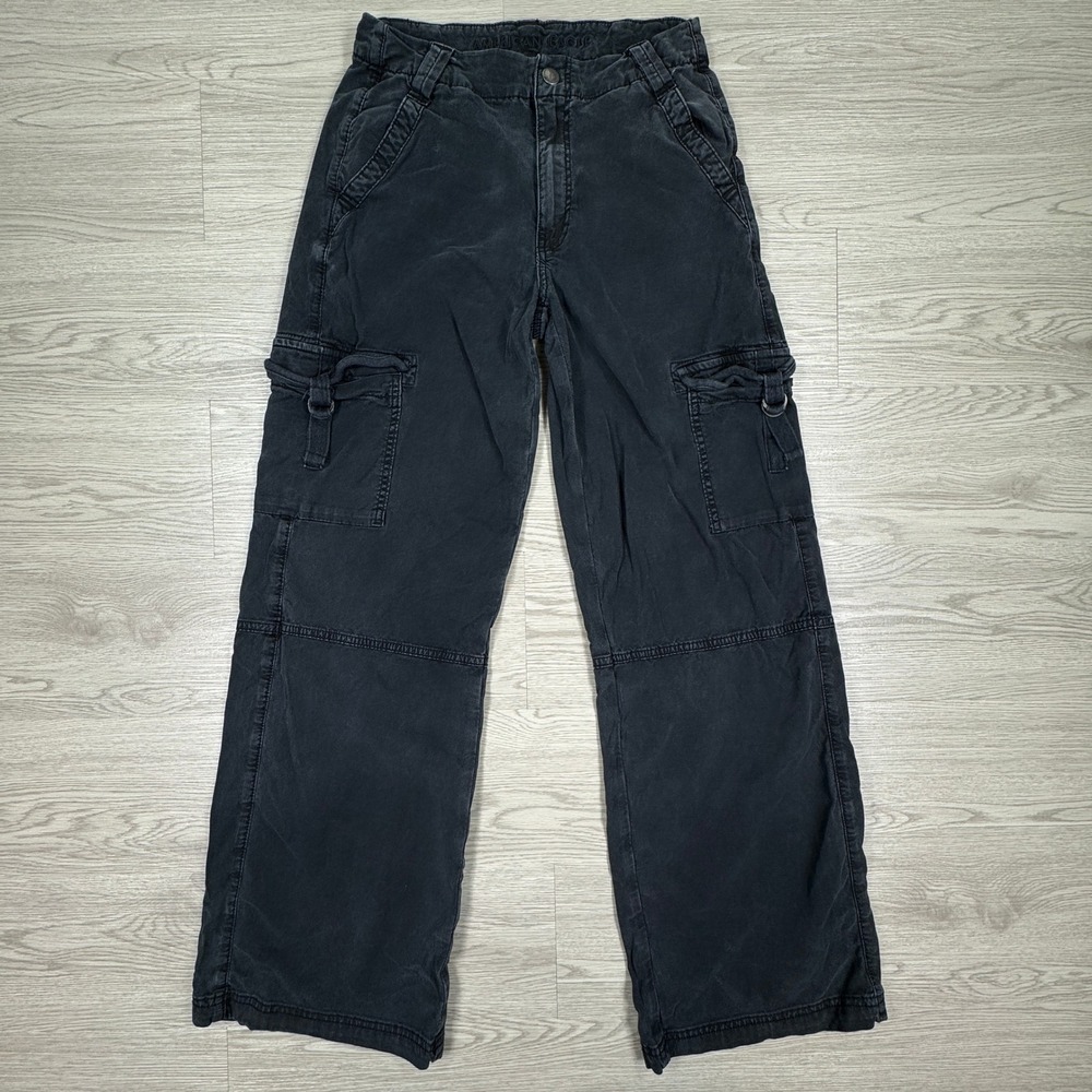 American Eagle Women Pants Super High Rise Baggy Wide Leg Black 00 Cargo Stretch